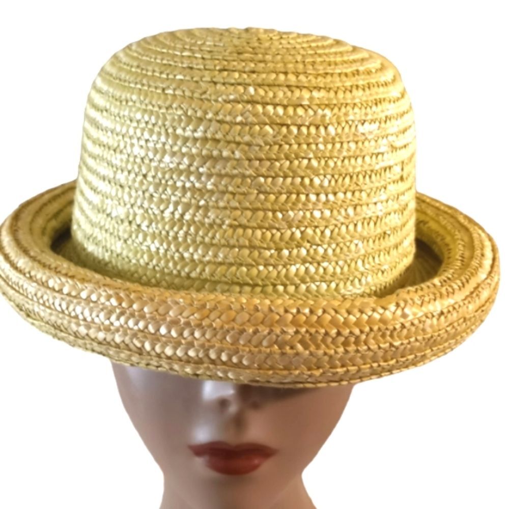 Vintage Lime Green Rolled Brim Woven Straw Hat - Picture 1 of 5